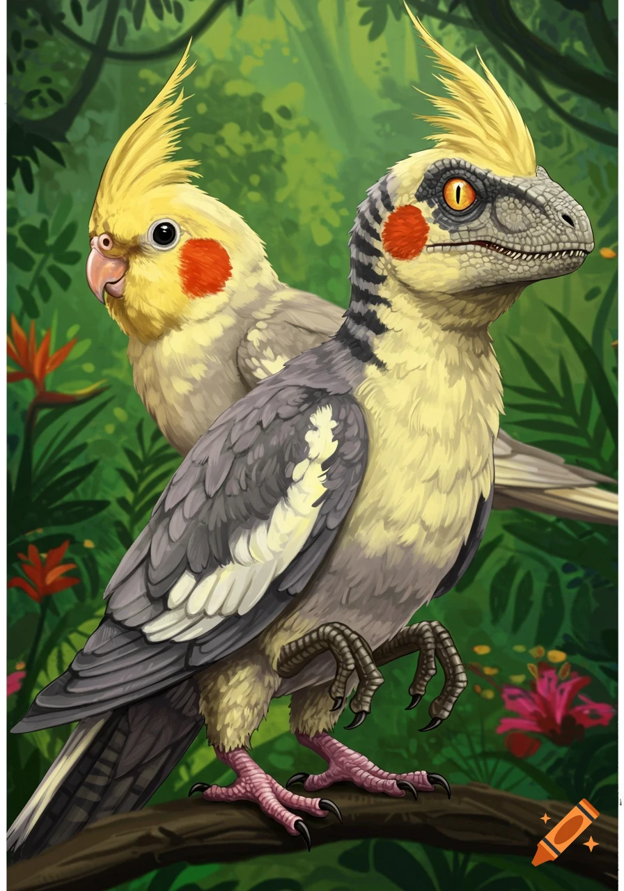 Illustration of a cockatiel and a velociraptor hybrid standing on a branch in a jungle.