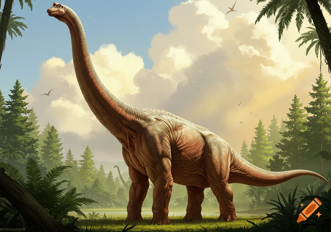 A large Brachiosaurus stands in a lush prehistoric landscape with palm trees, pine trees, birds flying, and cloudy skies.