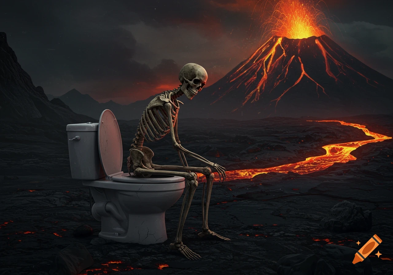 A skeleton sits on a toilet in a dramatic, dark landscape with a erupting volcano and flowing lava.