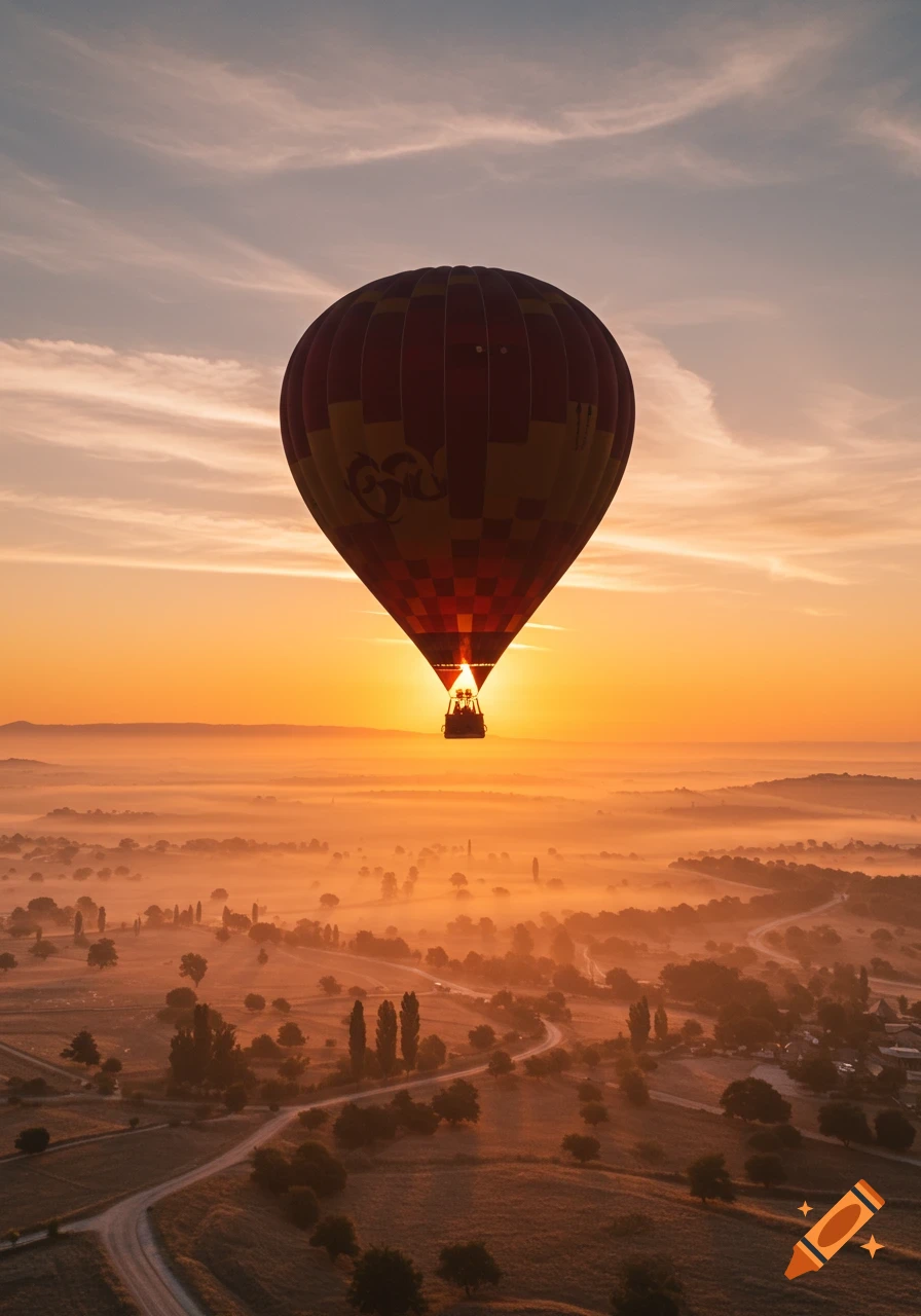 Hot air balloon flies over misty landscape at sunrise
