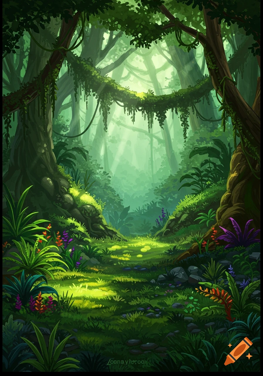 Sunlight streams onto a path through a lush green rainforest illustration.