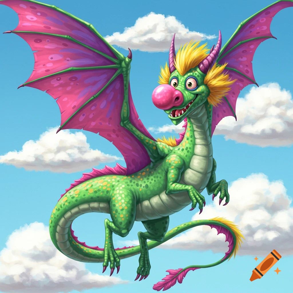 A green cartoon dragon with pink wings, a big pink nose, yellow hair, and a  silly expression flies in a cloudy sky. on Craiyon
