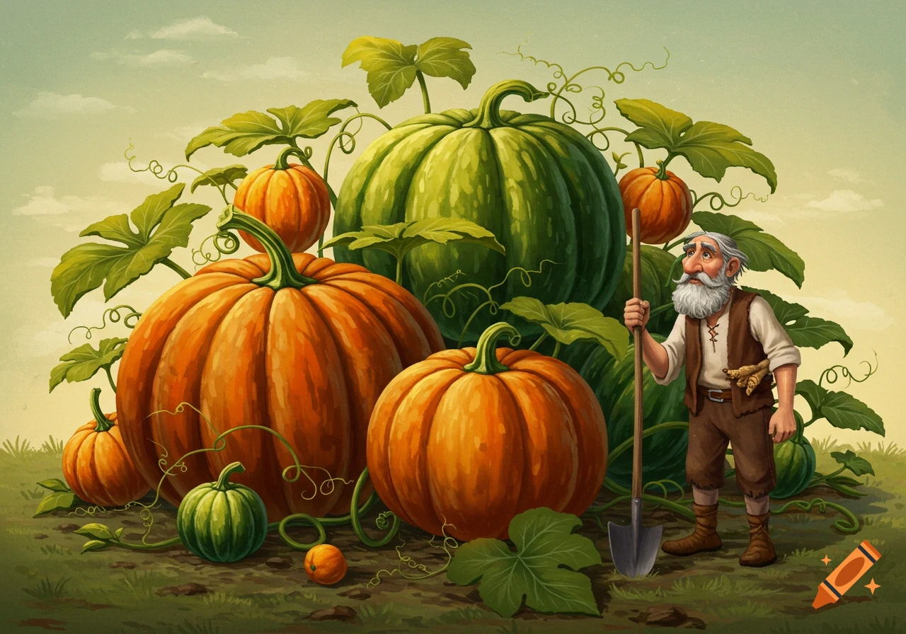 A bearded man with a shovel stands beside giant pumpkins and vines in an illustrative style.