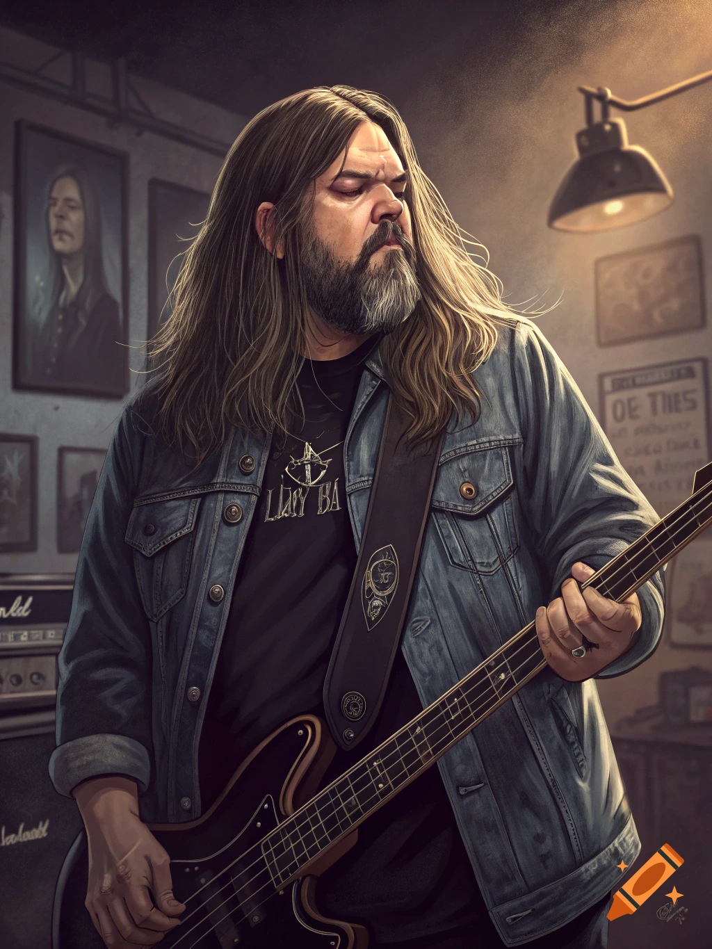 Man with long hair and beard plays bass guitar in a room