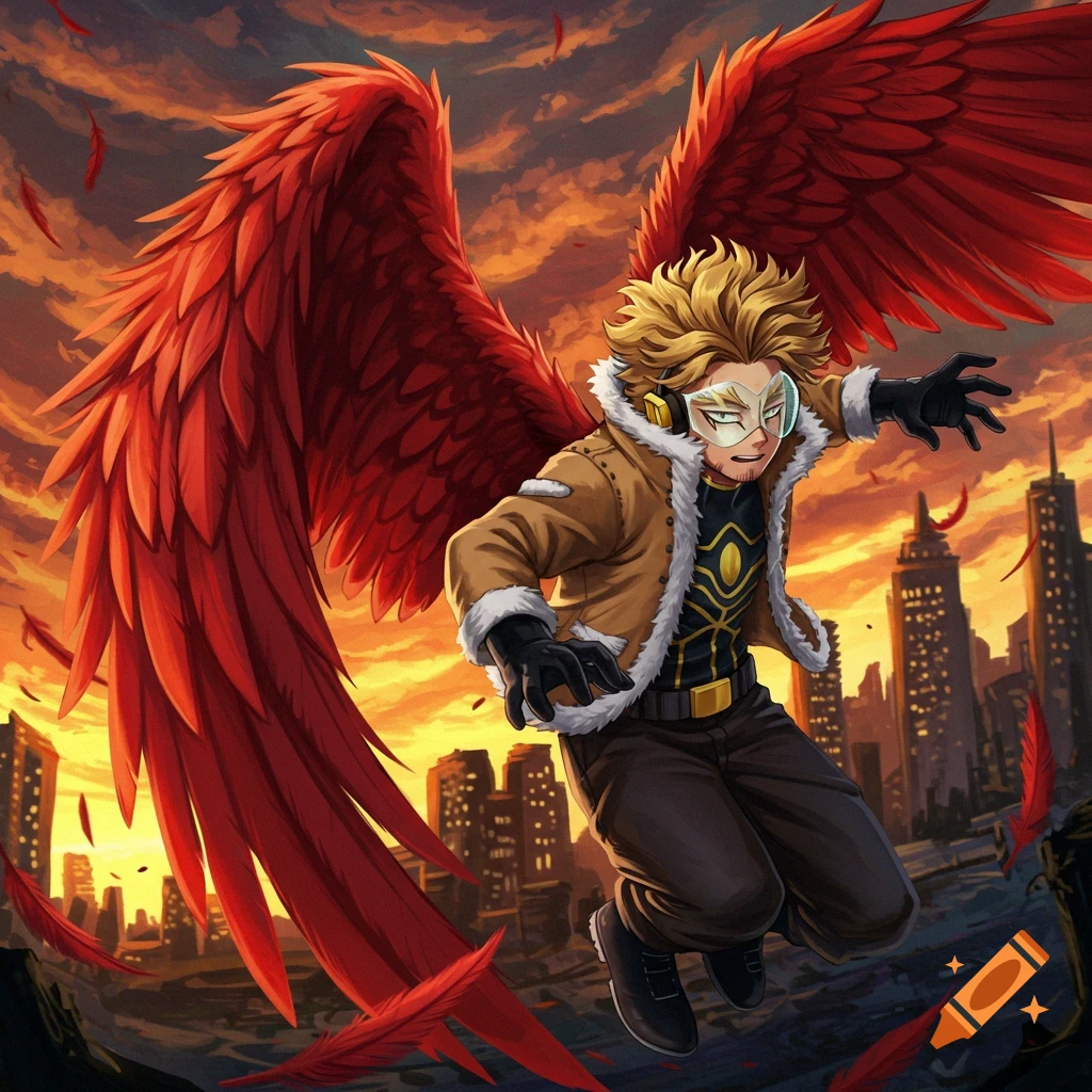 Anime character Hawks with large red wings flying over a city at sunset.