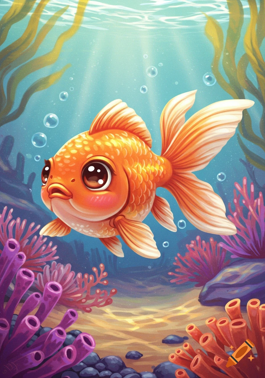 A cute cartoon goldfish swims among colorful coral and plants in a stylized underwater scene