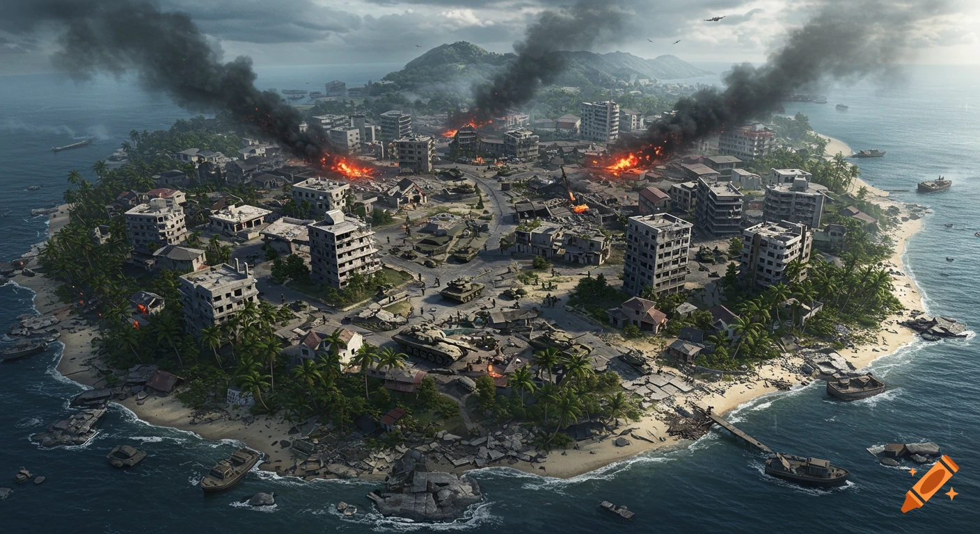 Aerial view of a destroyed island with burning buildings, tanks, and ships.
