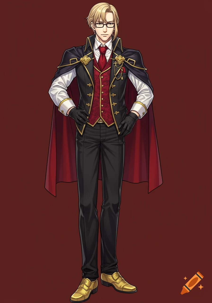 Full-body illustration of a man in a suit and red cape.