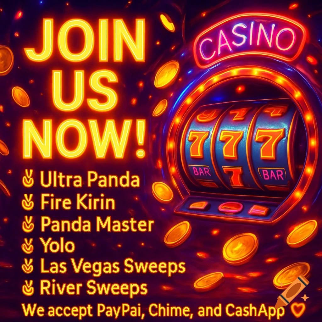 A neon-lit casino scene with a slot machine, flying coins, and glowing promotional text saying 'JOIN US NOW!'