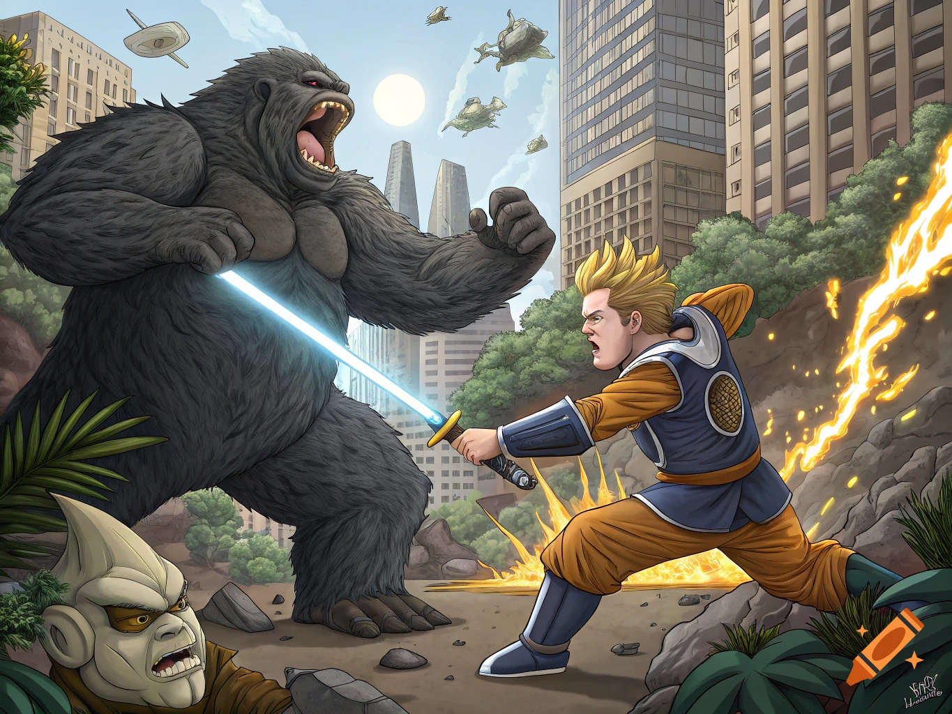Giant ape battles person with light sword in city, illustration