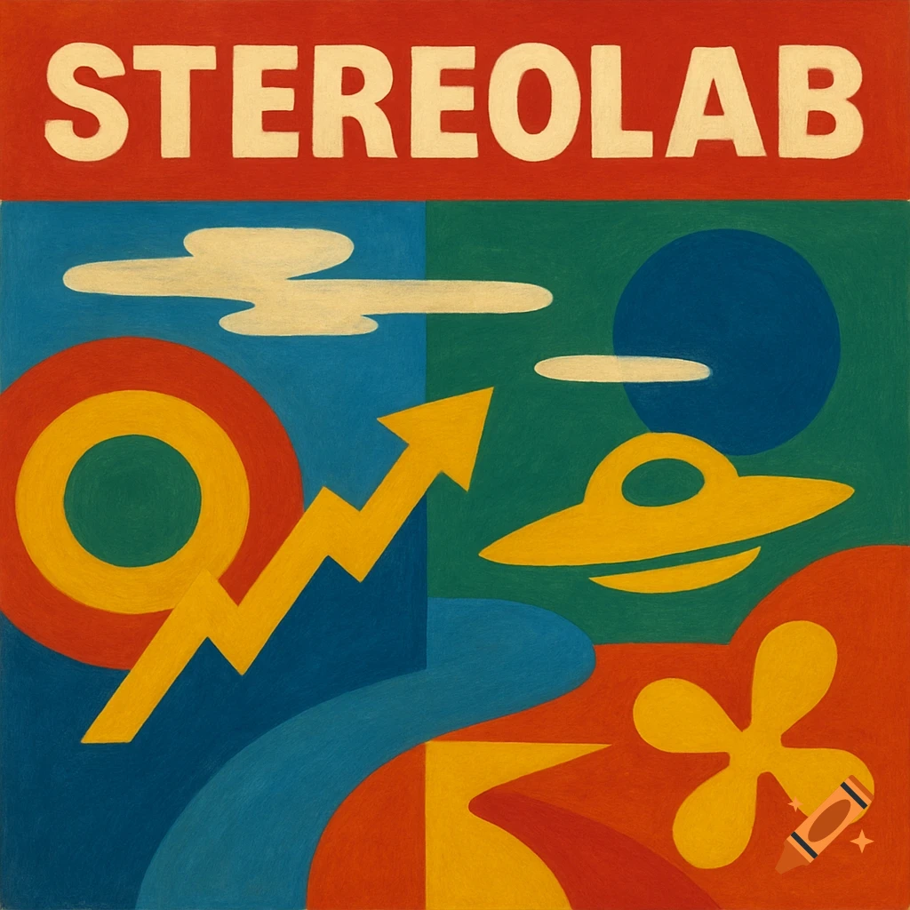 Stylized album art with 'STEREOLAB' text and abstract shapes like an arrow, circle, UFO, and flower.