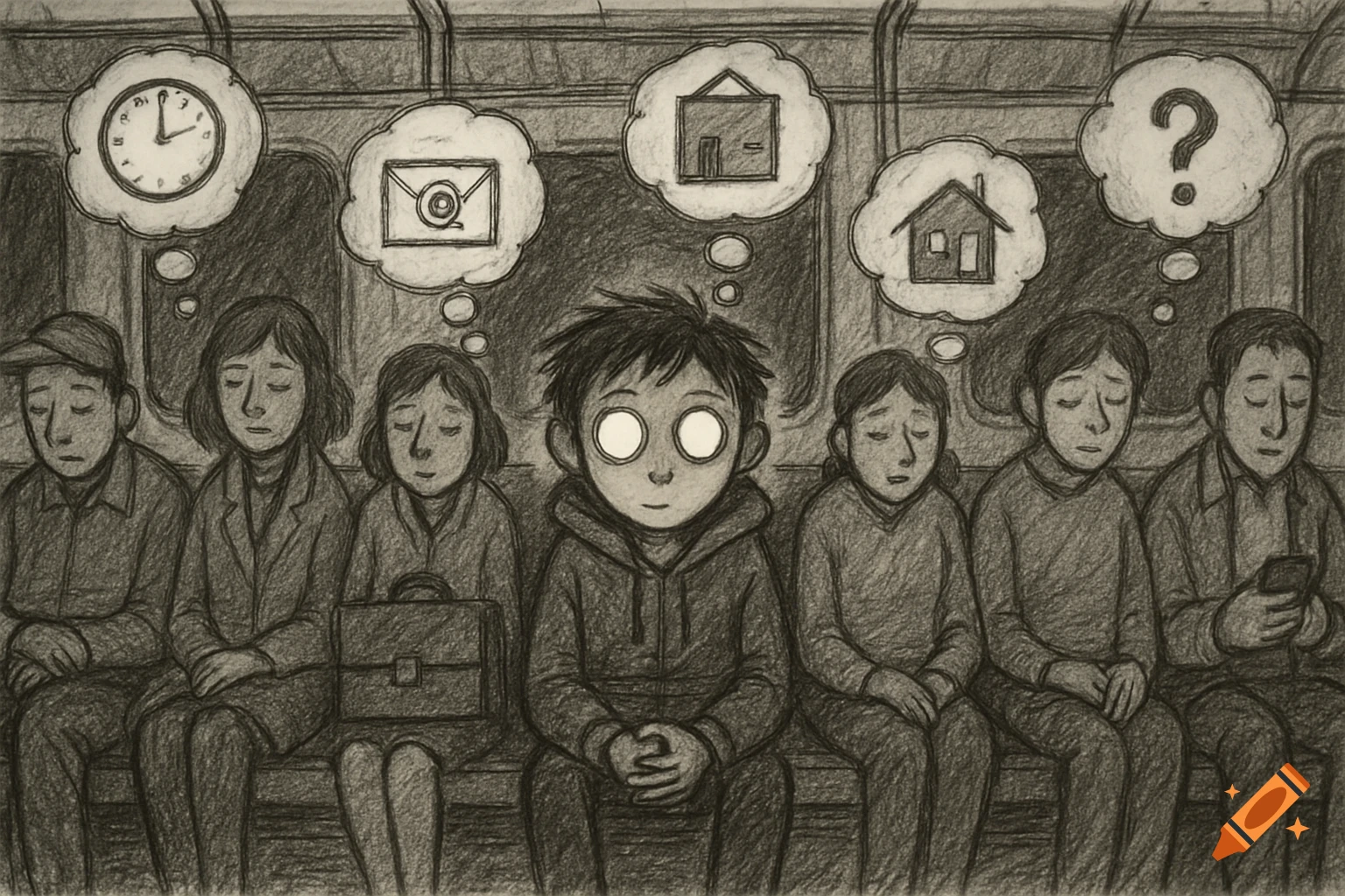 Black and white sketch of people sitting on a subway, one person awake with glowing eyes while others have thought bubbles