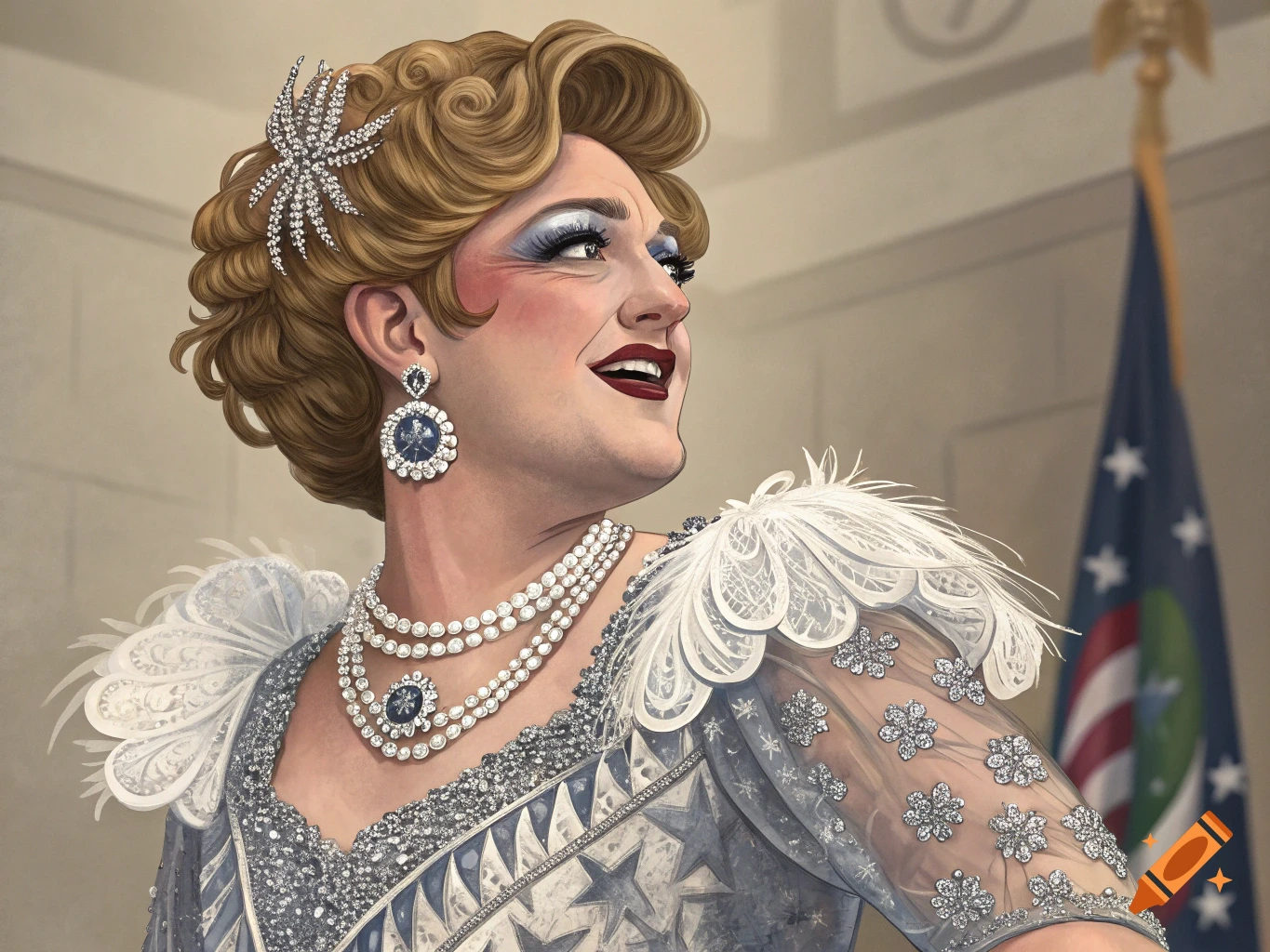 Portrait of a person in drag wearing an elaborate sparkling dress, pearls, and a feathered collar, standing near an American flag.