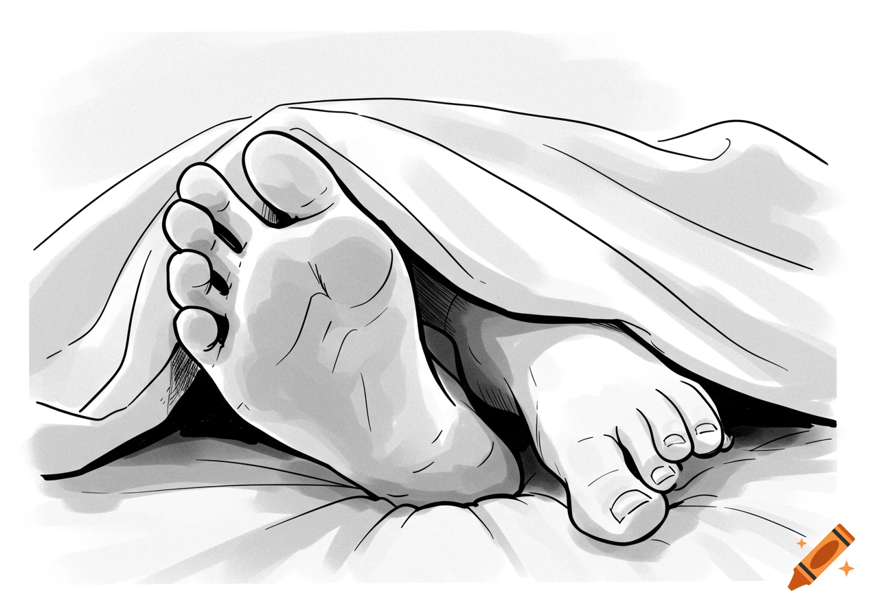 Black and white line art drawing of feet under sheets.