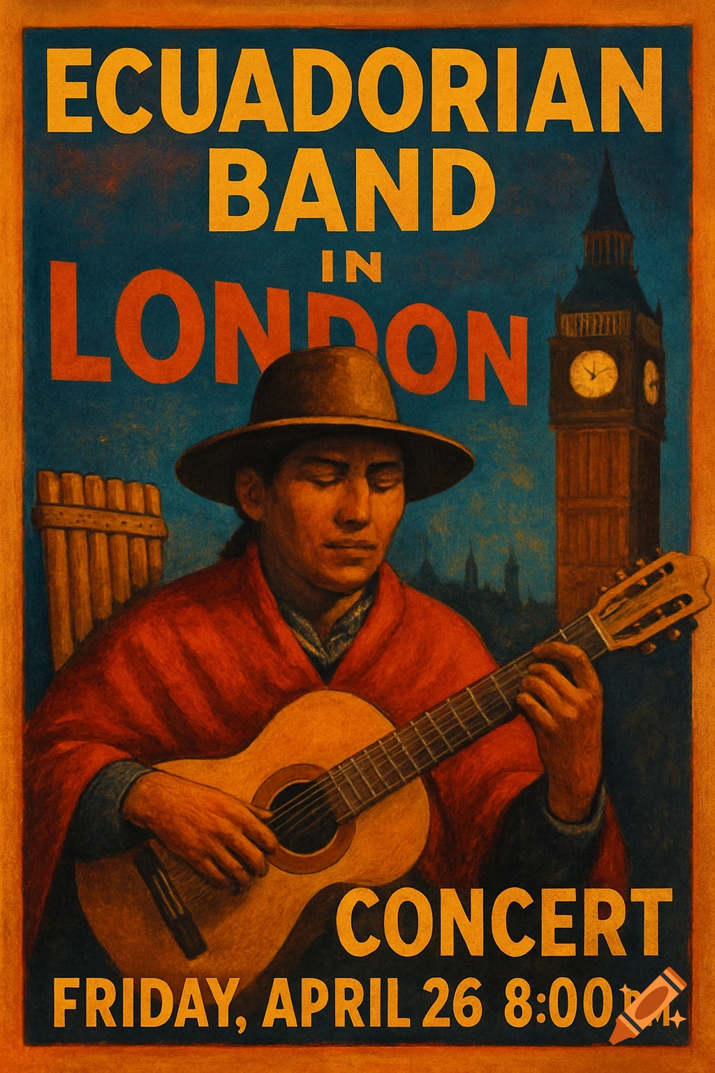Concert poster with musician, panpipes, Big Ben, and text for Ecuadorian Band in London concert.