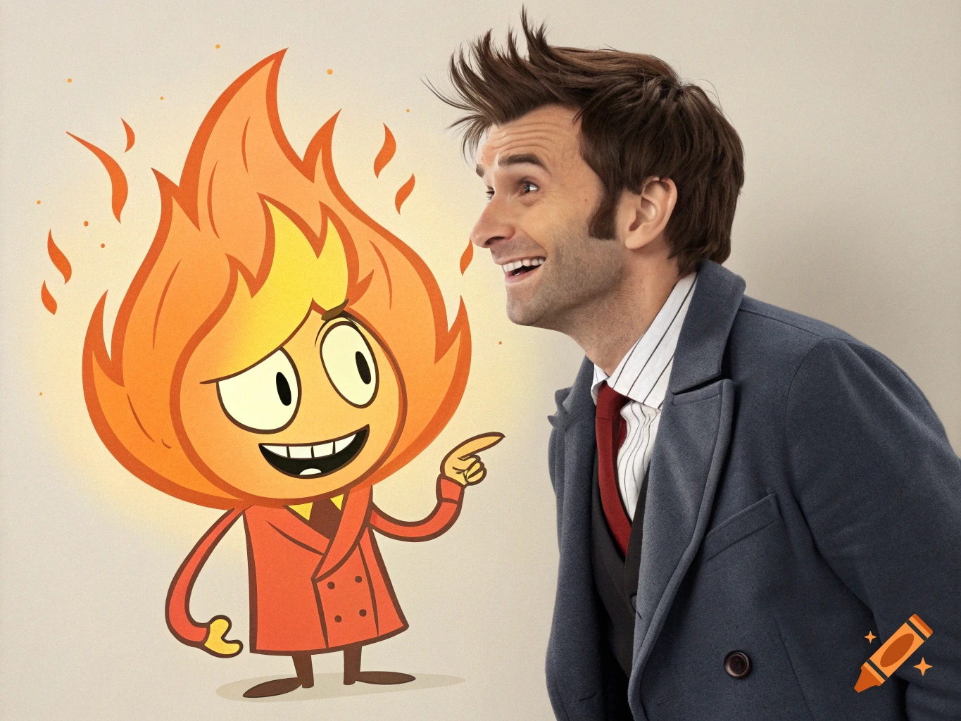 David Tennant smiles and points at the cartoon character Firey