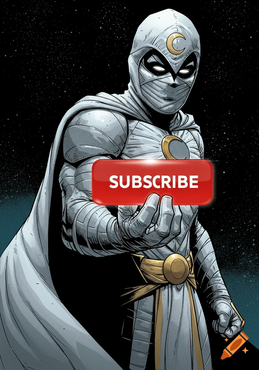 Comic book illustration of Moon Knight holding a red button with 'SUBSCRIBE' on it against a starry background.