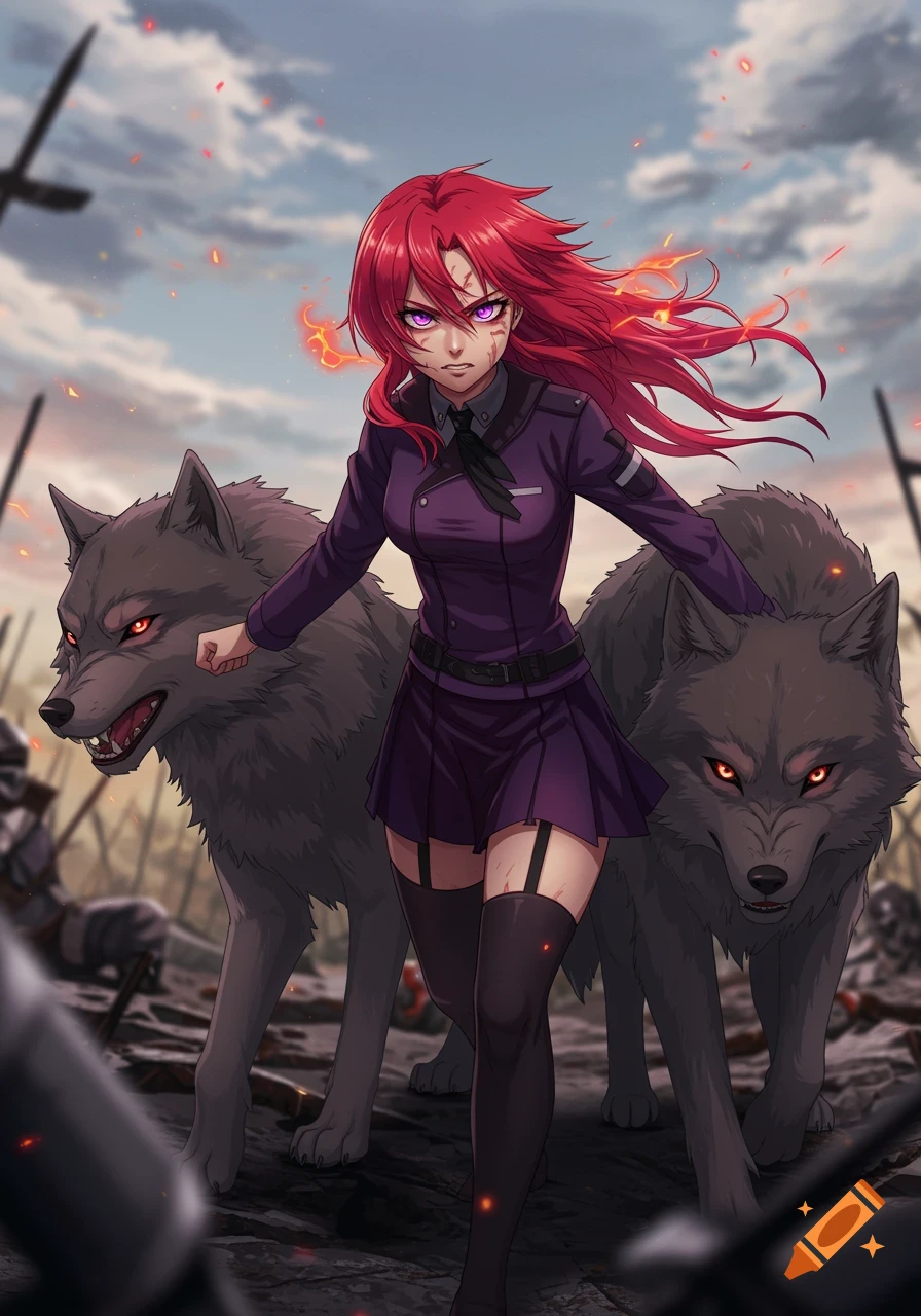 Anime girl with red hair and purple uniform stands with wolves in a battle scene.