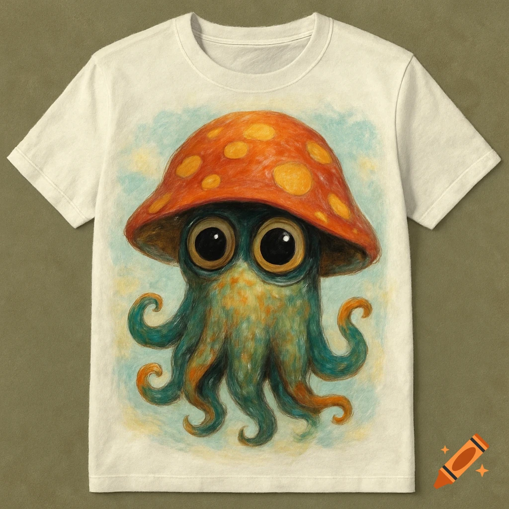 Illustration of a cute octopus wearing a mushroom hat on a t-shirt.
