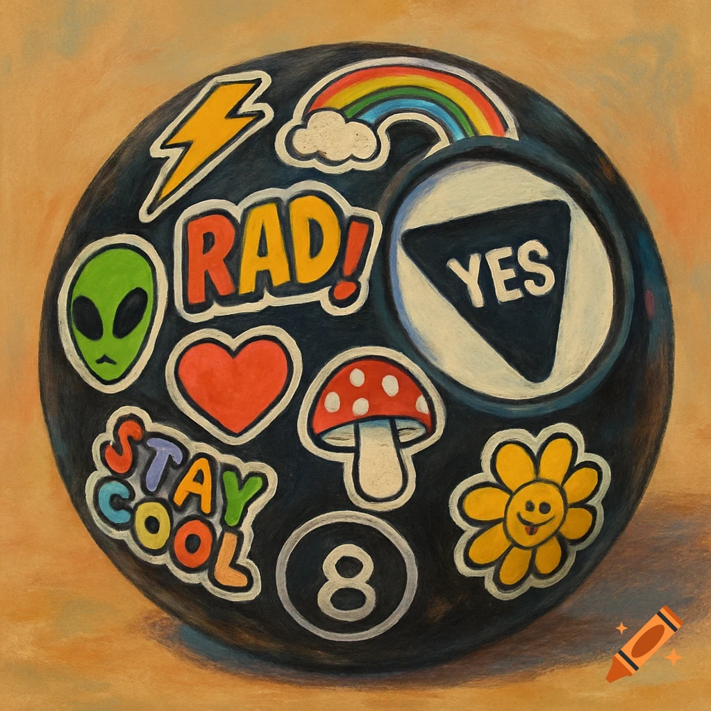 A black magic 8 ball covered in colorful 90s style stickers, including 'RAD!', 'STAY COOL', and showing 'YES' in the window.
