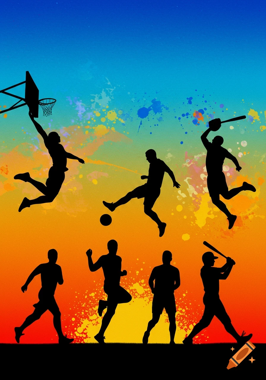 Silhouettes of athletes playing basketball, soccer, running, and baseball against a vibrant blue, orange, and yellow gradient background with paint splatters.