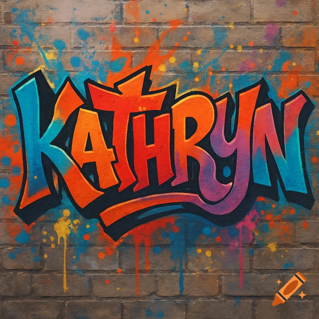 Colorful graffiti art spelling 'KATHRYN' on a brick wall
