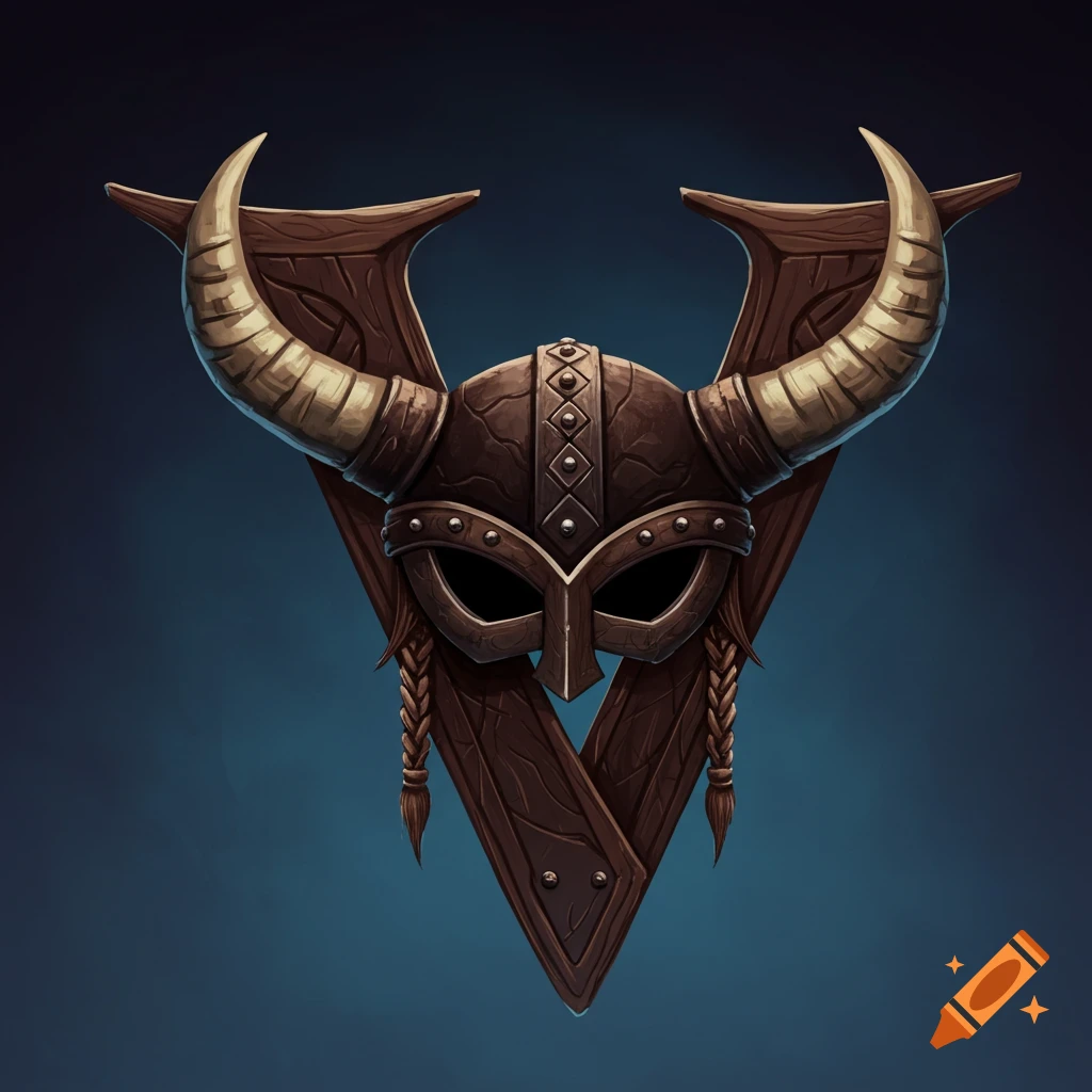 A stylized illustration of a Viking helmet and horns forming the letter V.