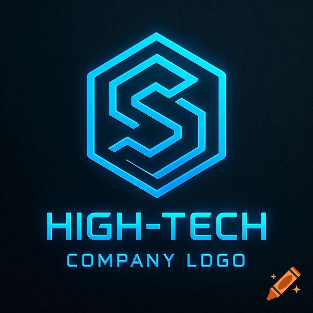 Futuristic blue glowing high-tech company logo with text.
