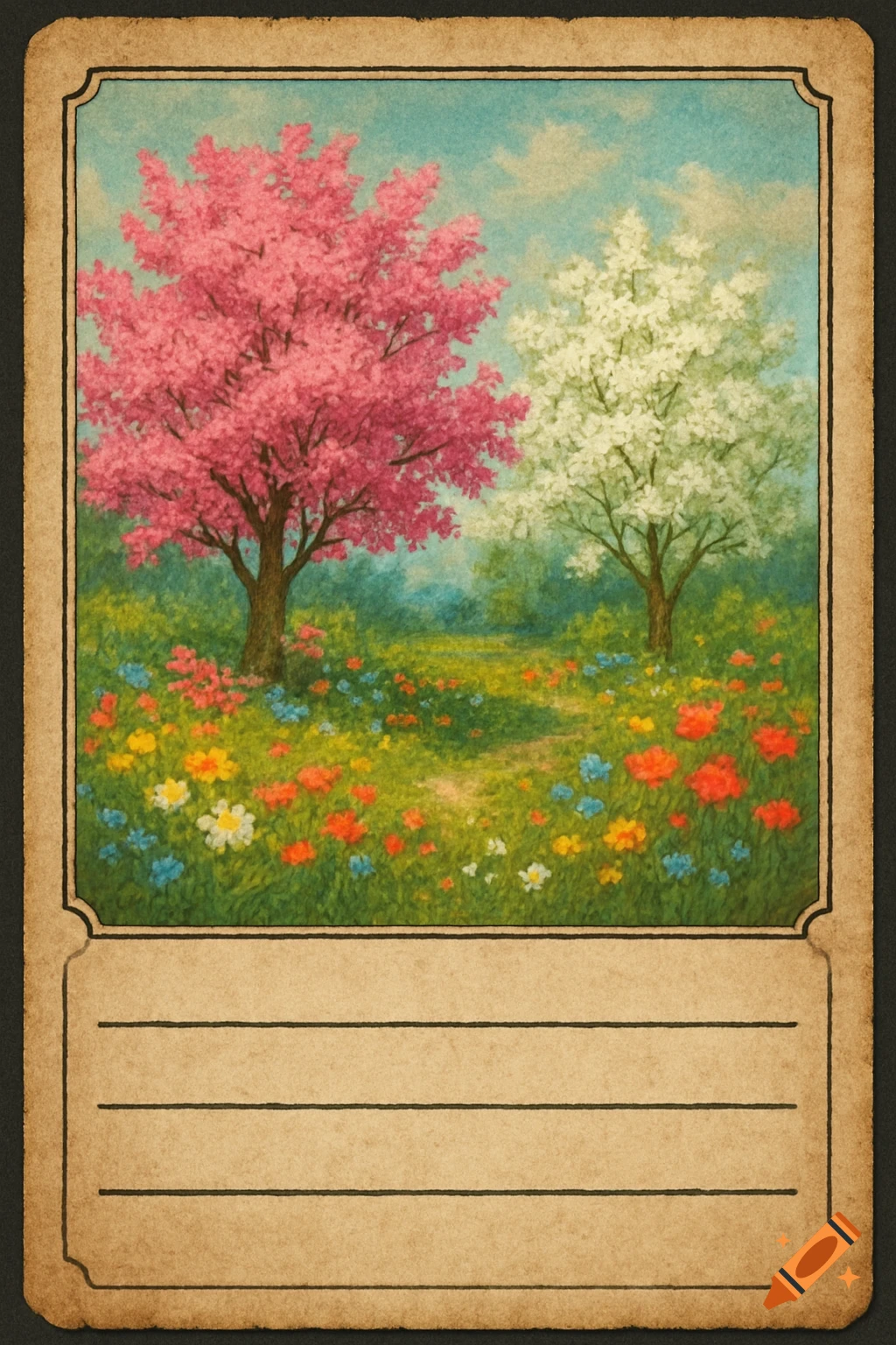 Painting of a spring landscape with pink and white flowering trees and wildflowers on a trading card.
