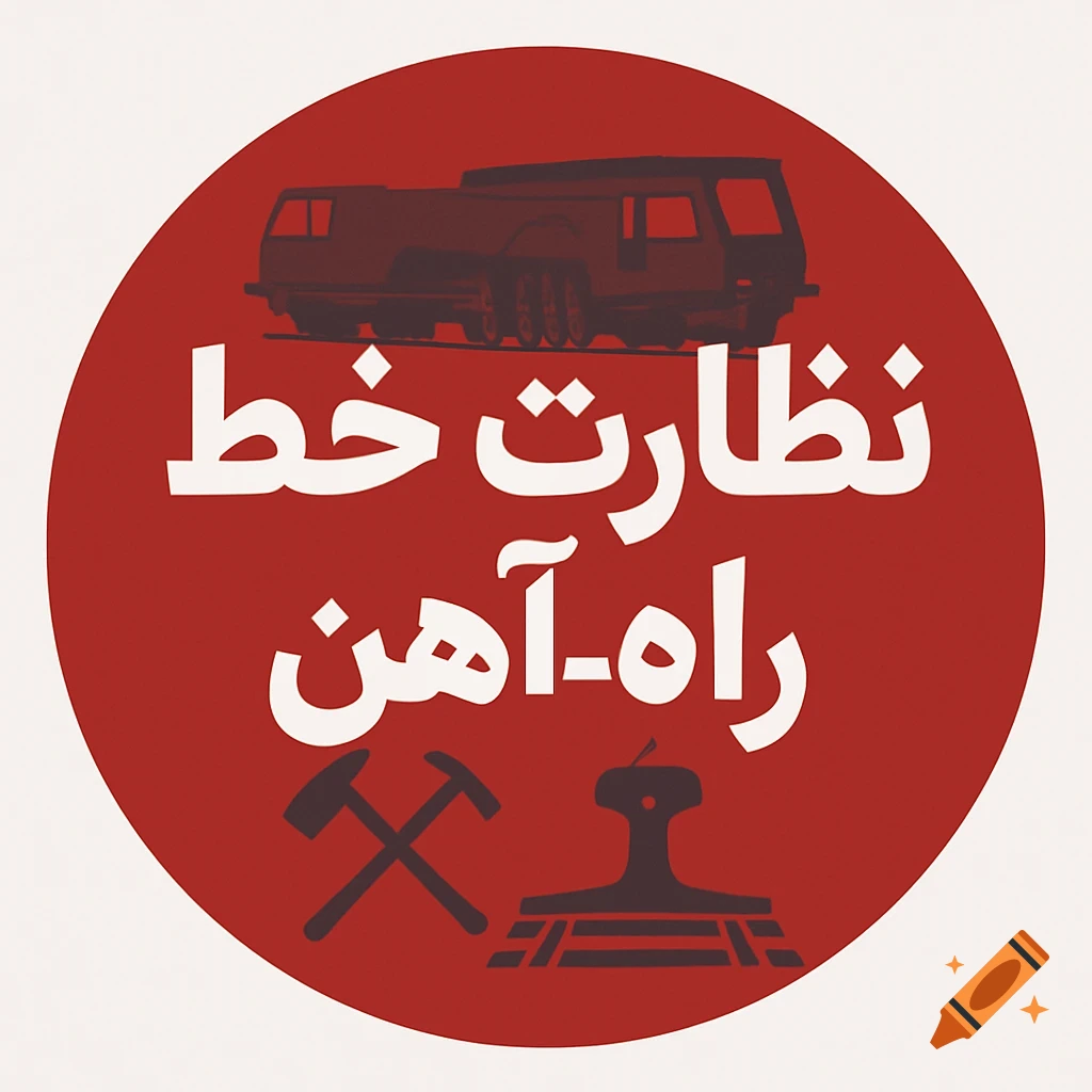 Circular red logo with Persian text, railway tamper, tools, and track icons.