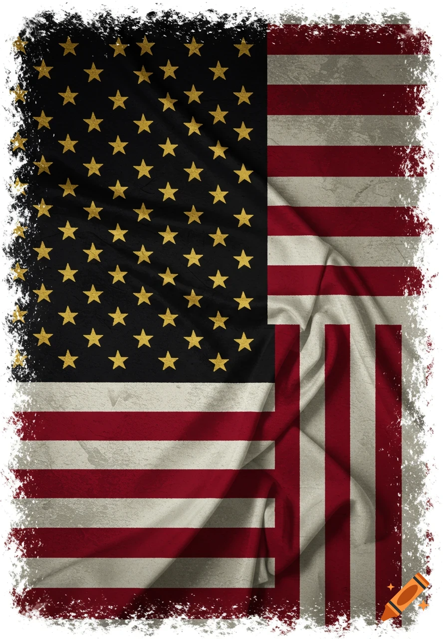 A distressed American flag with gold stars on a black field and red and white stripes.