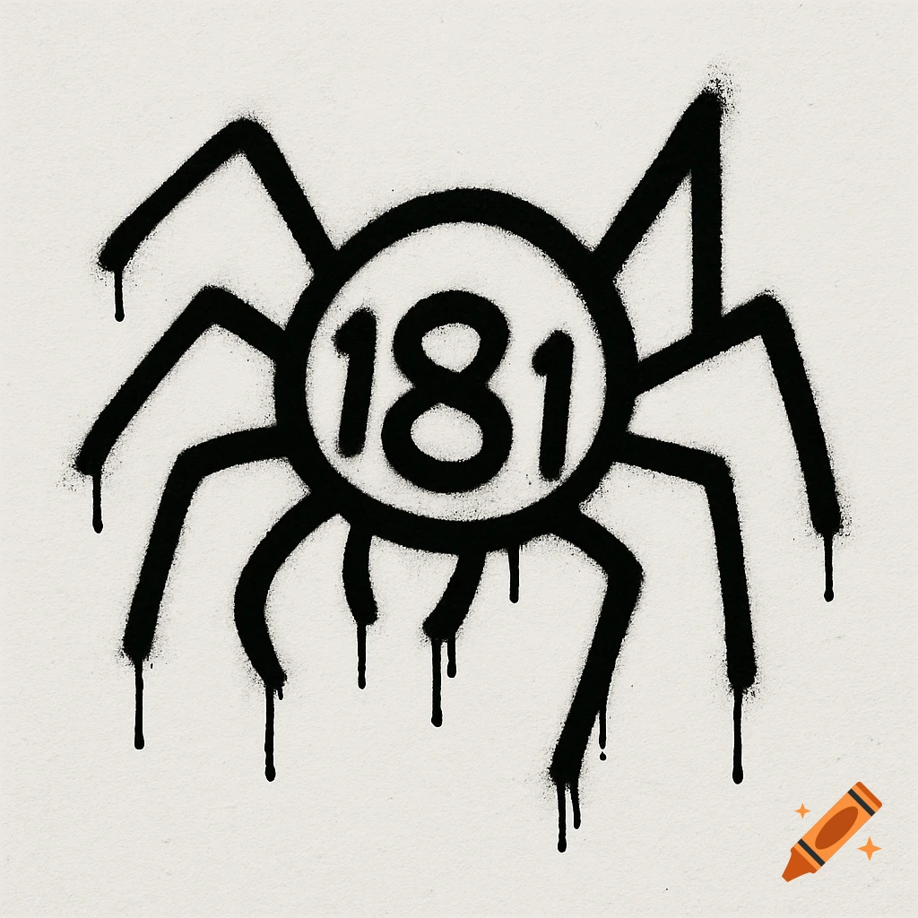 Black graffiti drawing of a spider with the number 181 in the body on a white background.