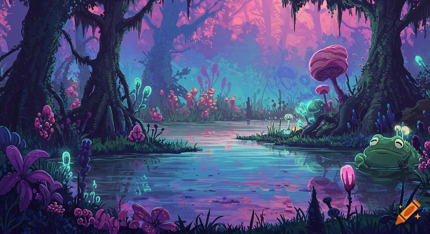 Fantasy swamp landscape with glowing plants, mushrooms, and a frog.