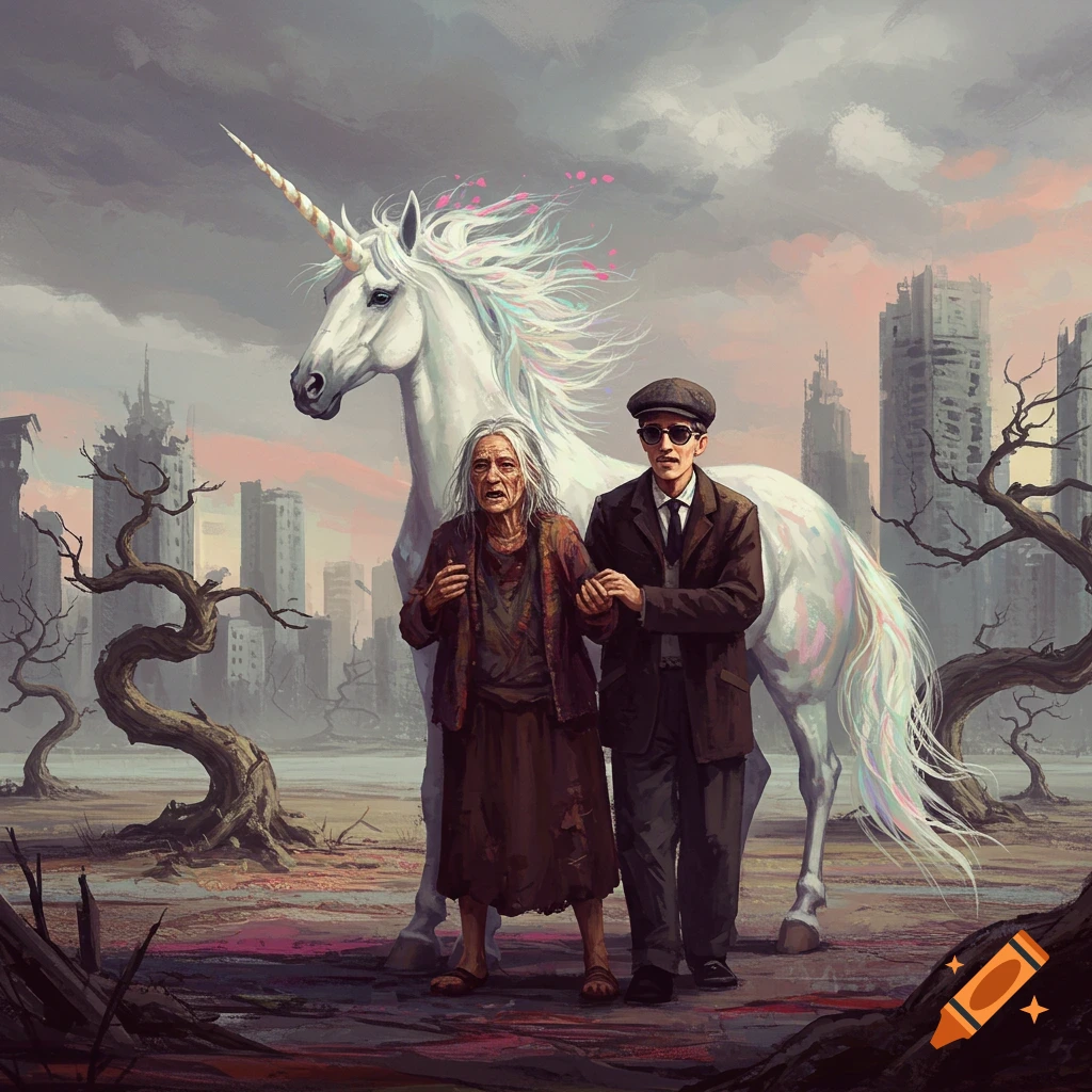 An old woman and a man with sunglasses walk with a unicorn through a ruined city.