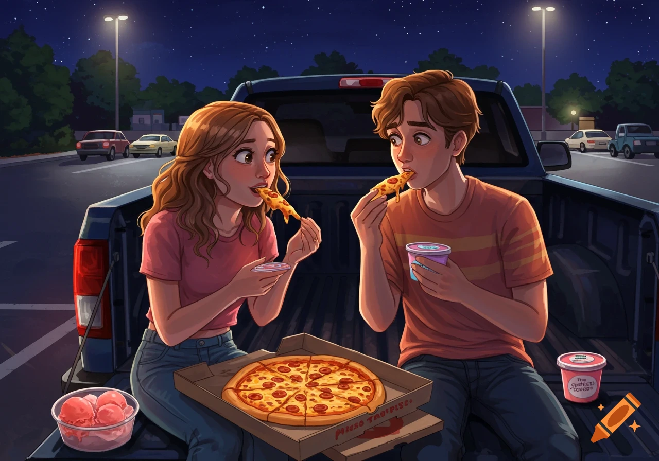 Illustration of a couple eating pizza and ice cream in the back of a pickup truck at night.