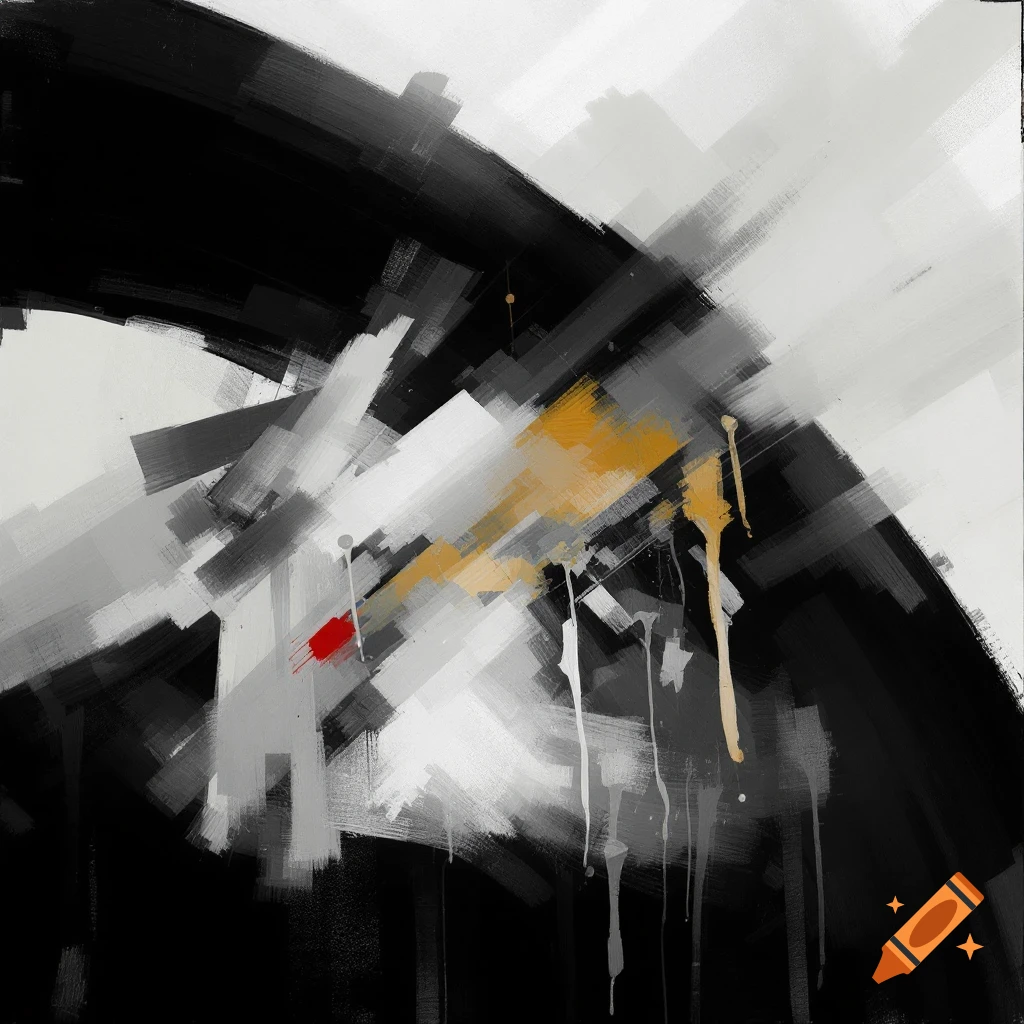 Abstract painting with bold black, white, grey, and gold brushstrokes and drips.