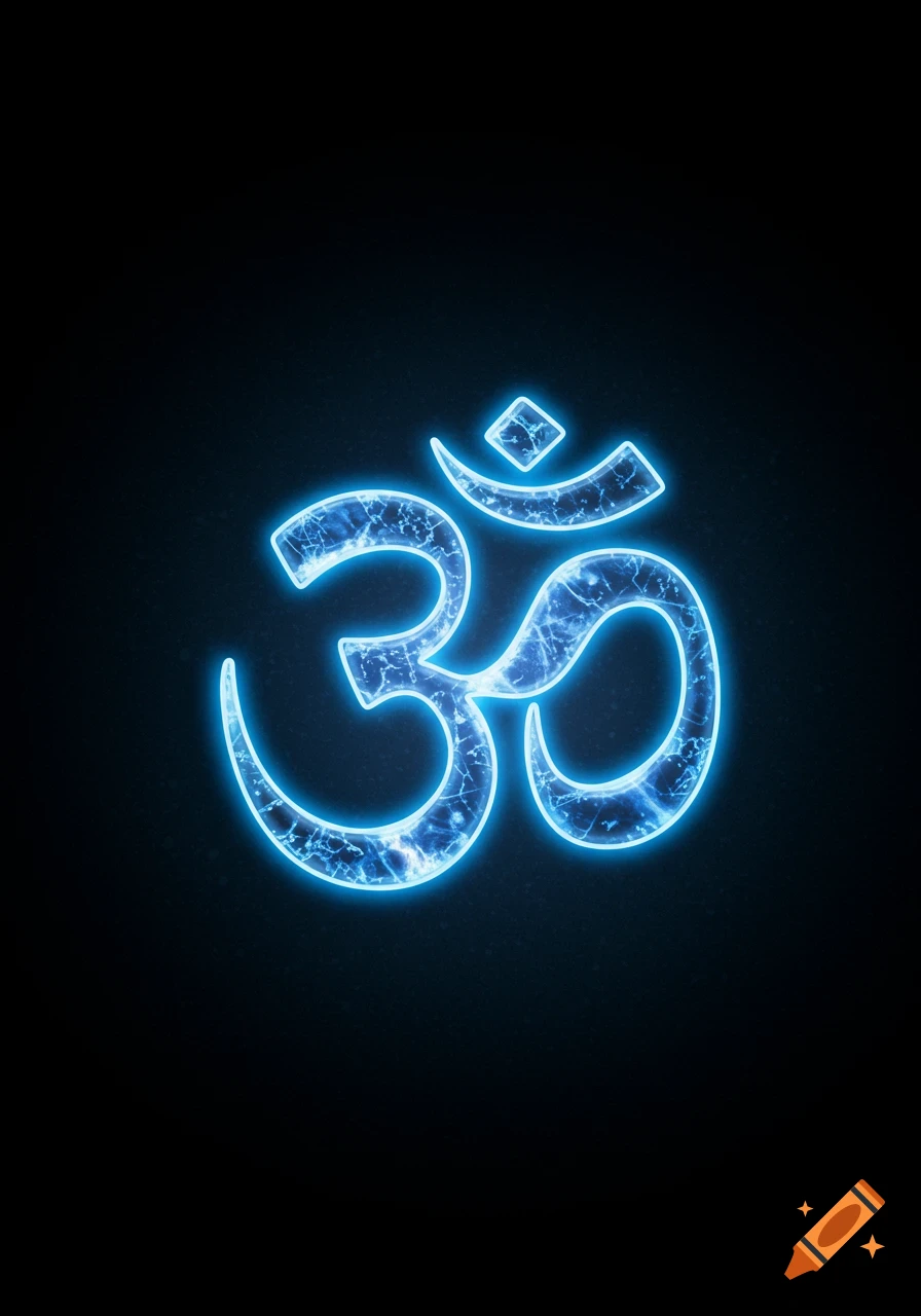 A bright blue glowing Om symbol against a dark background.
