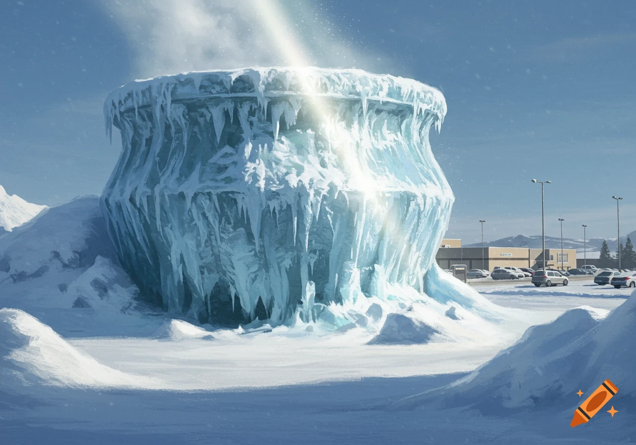 Giant ice cauldron reflecting sun in a snowy landscape with a parking lot in the background.
