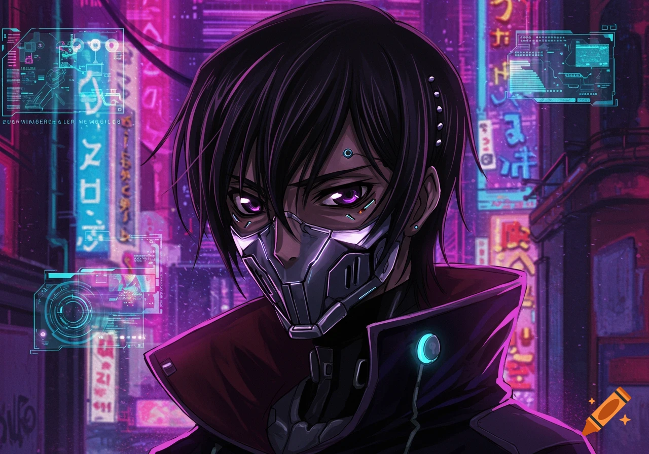 Anime character with futuristic mask in a cyberpunk city with neon ...