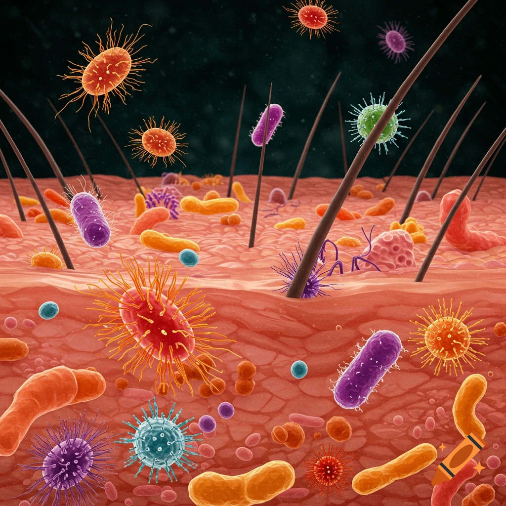 Microscopic view of colorful bacteria and viruses on skin and hair follicles.