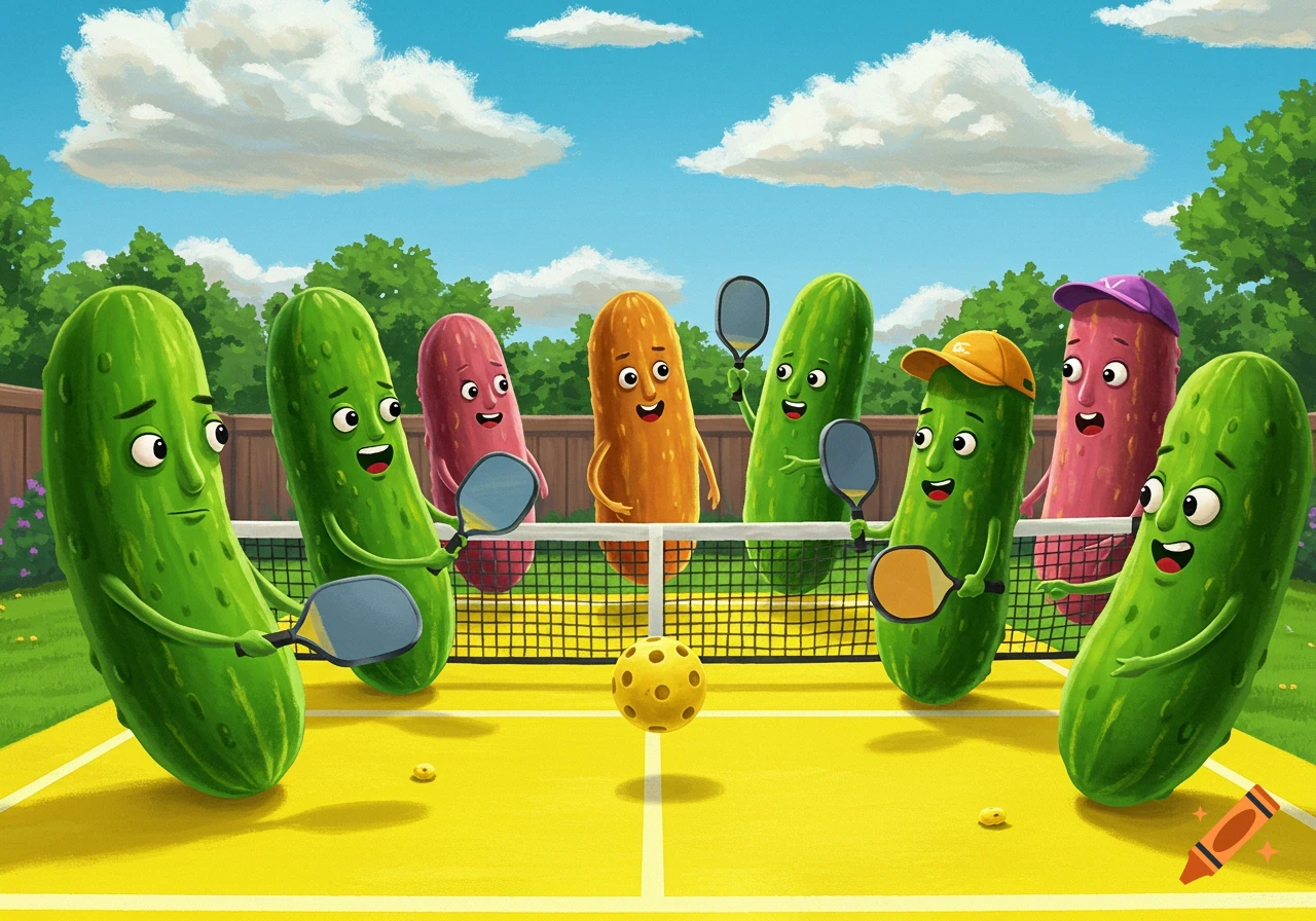 Cartoon pickles playing pickleball on an outdoor court