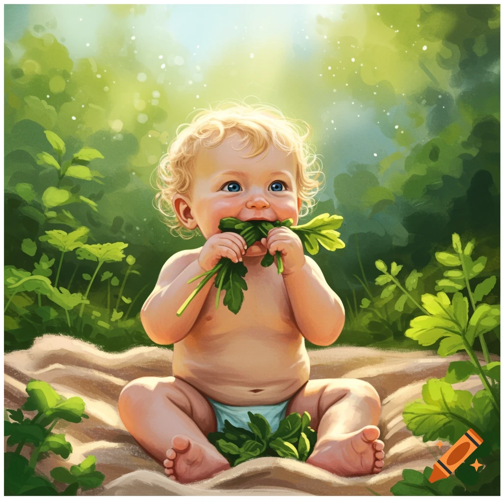 Illustration of a blonde baby eating leaves outdoors.