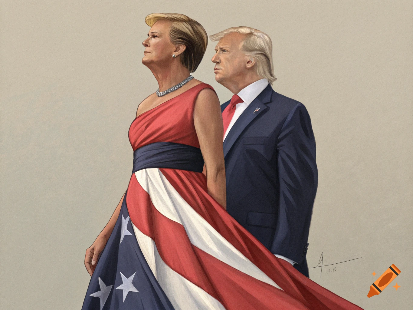 Painting of two figures resembling Hillary Clinton and Donald Trump, woman in US flag dress.