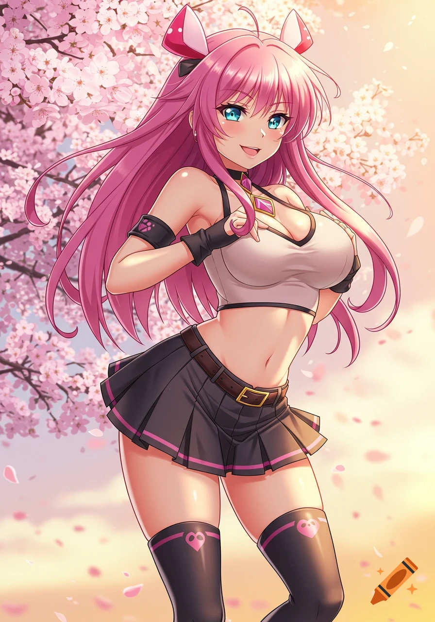 Anime girl with pink hair and cat ears standing under cherry blossoms