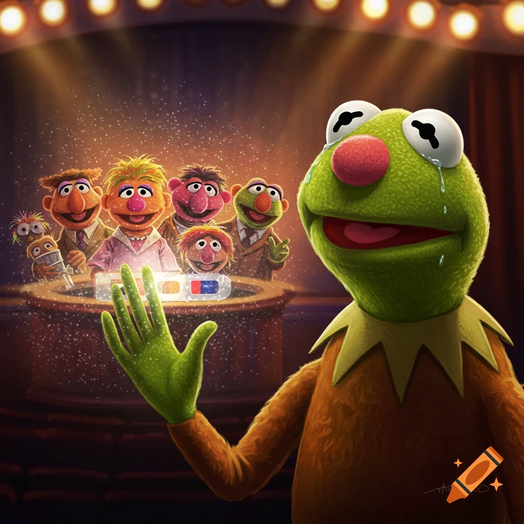 Kermit the Frog cries and waves goodbye to other Muppets on a stage, who are gathered around an object.