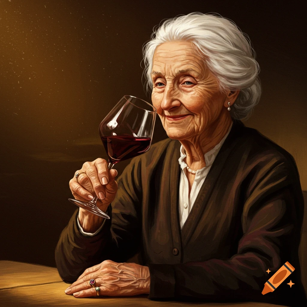 An old woman smiles while holding a glass of red wine. Painted style.