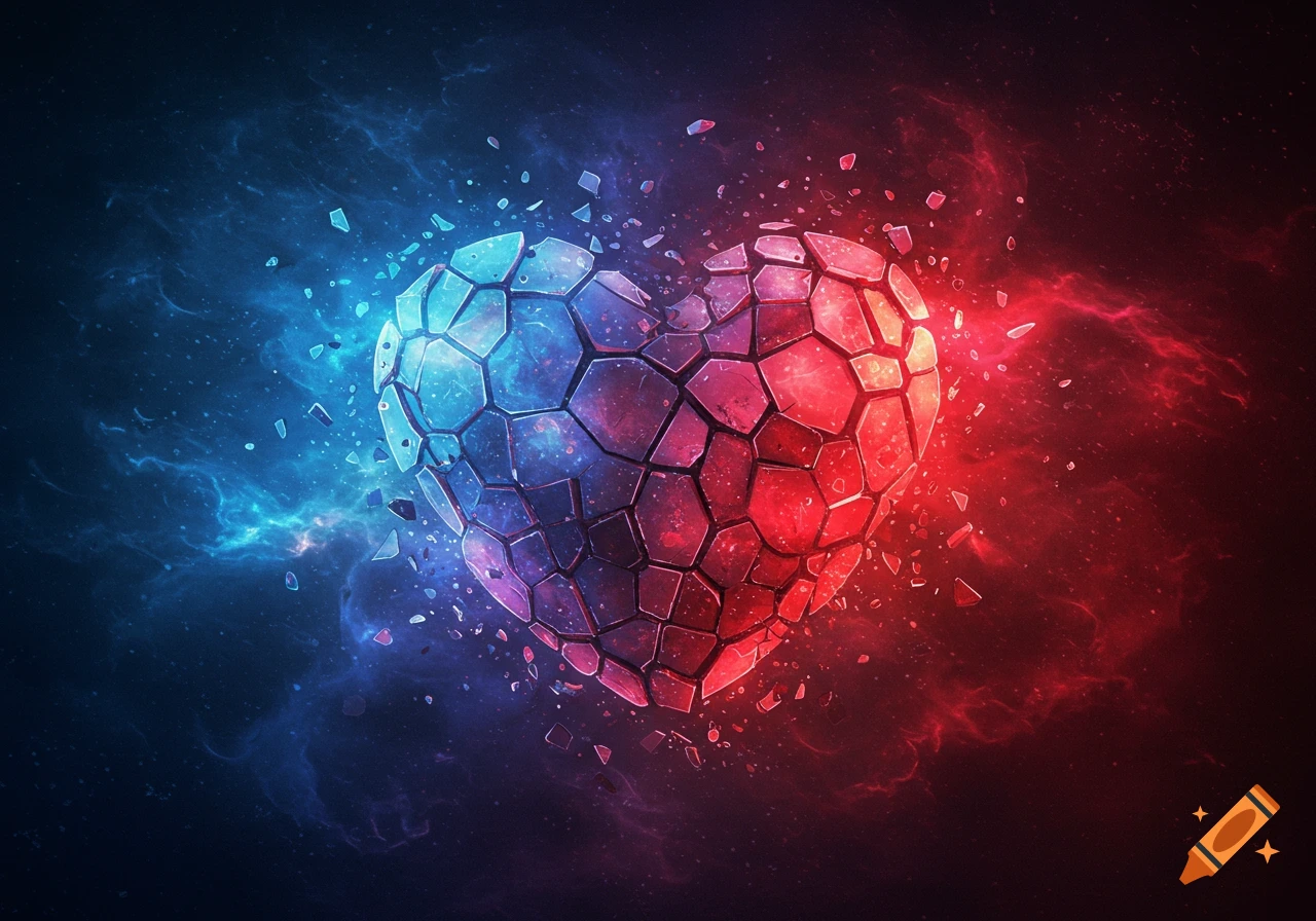 Geometric broken heart splitting into blue and red sections with swirling energy