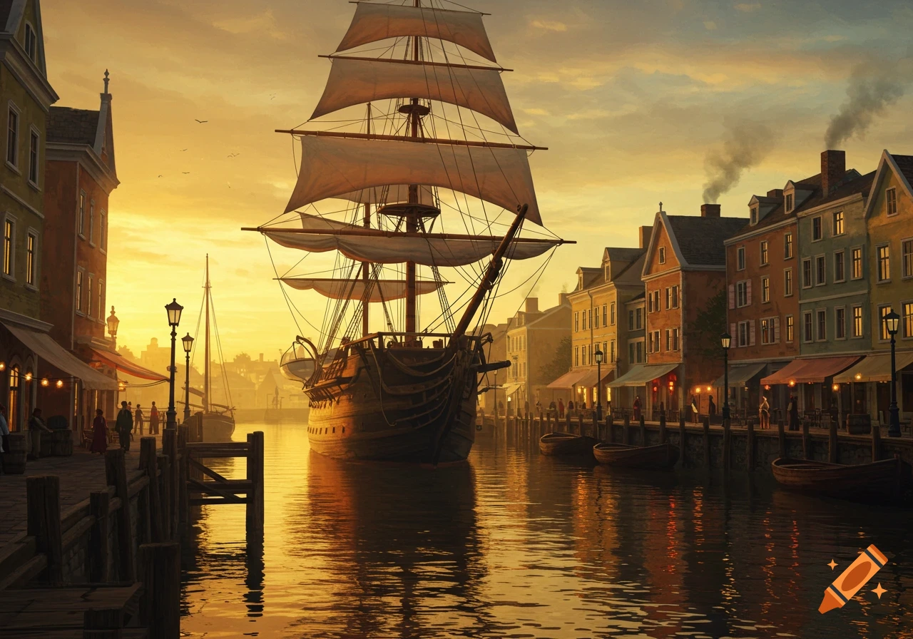 A tall ship is docked in a busy historical harbor lined with buildings at sunset. Painting style.