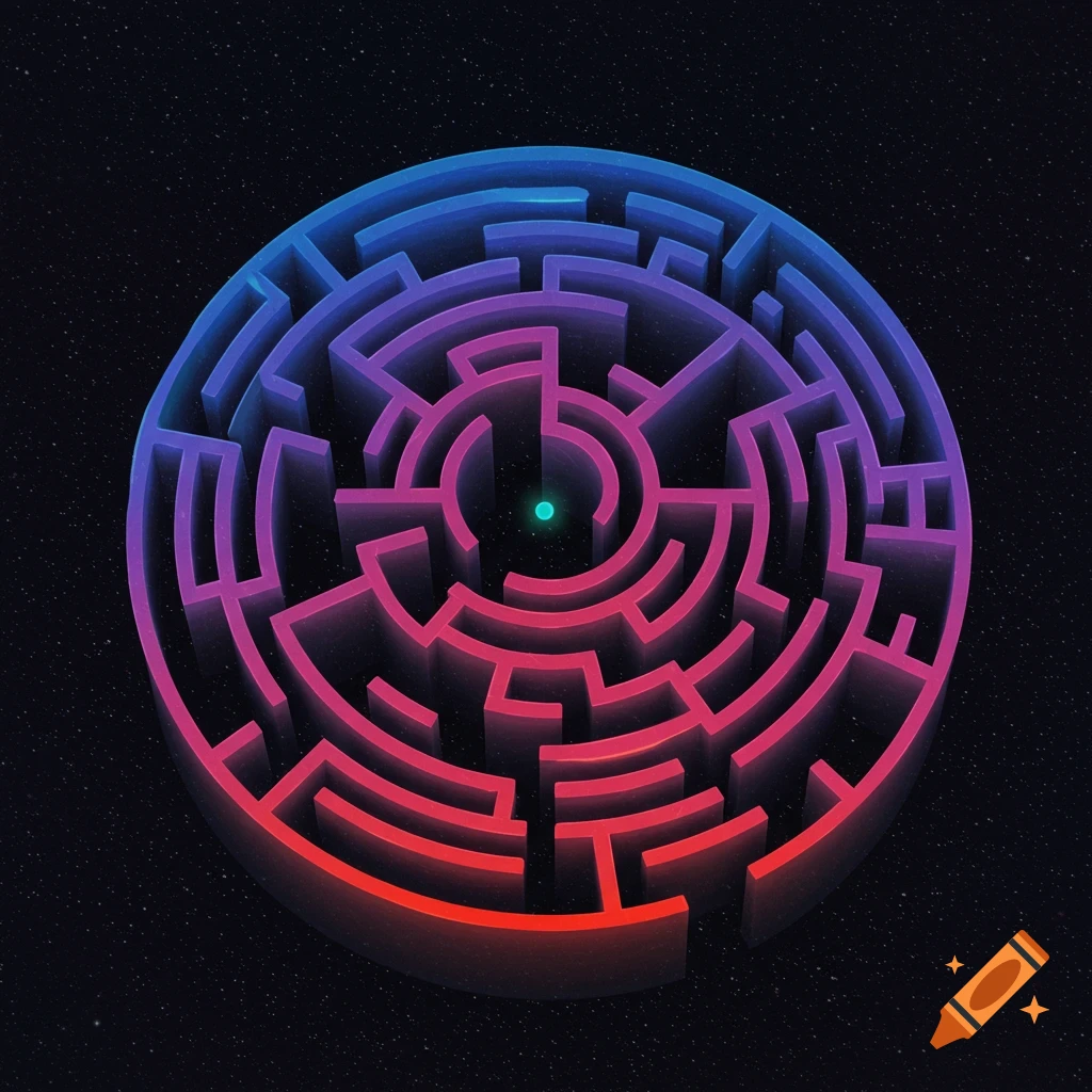 A glowing circular maze with blue and pink gradient walls sits against a starry background.