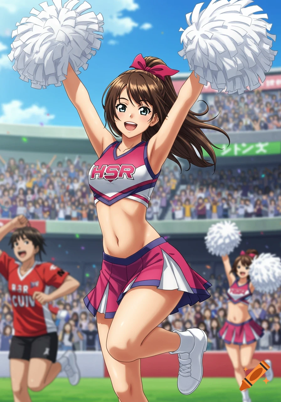 Anime cheerleader in pink and white uniform jumping with pom-poms in a stadium